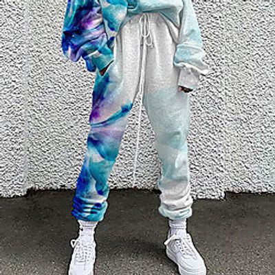 Women's Basic Soft Comfort Going out Gym Sweatpants Pants Color Block Graphic Prints Full Length Elastic Drawstring Design Print Dark Blue Light Blue Lightinthebox