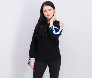 Womens Striped-Sleeve Cold-Shoulder Top  Black/Blue/White