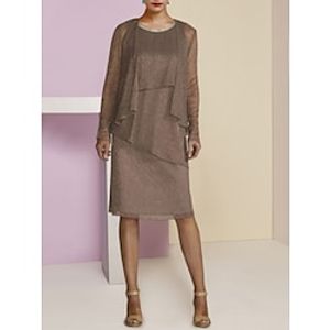 Sheath  Column Mother of the Bride Dress Wedding Guest Elegant Petite Scoop Neck Knee Length Chiffon Long Sleeve with Crystals Ruching 2023 Lightinthebox