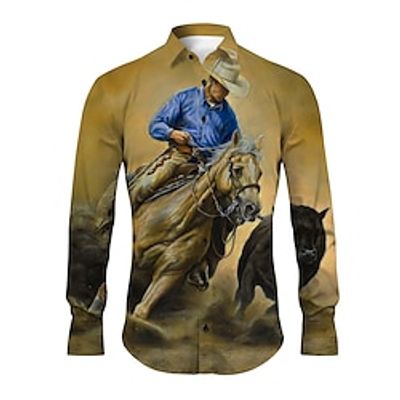 Horse Vintage western style Men's Shirt Daily Wear Going out Weekend Fall  Winter Turndown Long Sleeve Yellow Brown Khaki S M L Shirt Lightinthebox