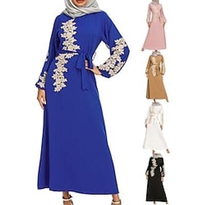 Women's Casual Dress Swing Dress Kaftan Dress Long Dress Maxi Dress Black White Pink Long Sleeve Flower Embroidered Winter Fall Spring Crew Neck Muslim Vacation 2023 S M L XL XXL miniinthebox