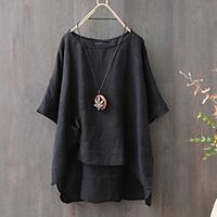 Women's Plus Size Tops T shirt Plain Pocket Asymmetric 3/4 Length Sleeve Crewneck Basic Daily Going out Cotton Spring Summer Black Gray miniinthebox - thumbnail