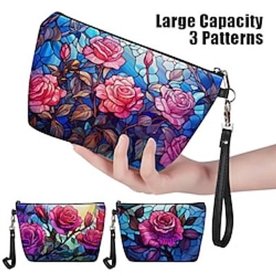 Women's Makeup Bag Pen Bag Wristlet Cosmetic Bag PU Leather Daily Holiday Travel Print Large Capacity Lightweight Durable Rose Royal Blue Blue Light Blue Lightinthebox