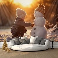 Christmas Snowman Child Hanging Tapestry Wall Art Xmas Large Tapestry Mural Decor Photograph Backdrop Blanket Curtain Home Bedroom Living Room Decoration miniinthebox - thumbnail