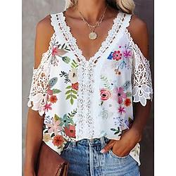Women's Shirt Lace Shirt Blouse WhiteLaceShirt Floral Leopard Feather Daily Vacation Lace Cut Out Print White Short Sleeve Casual Cold Shoulder V Neck Summer Lightinthebox