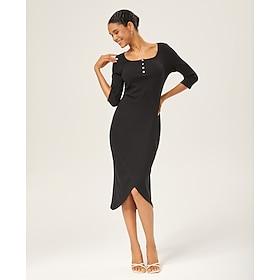 Cotton Ribbed Knit Tulip Hem Cinched Dress