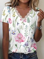 V-Neck Lace Casual Loose Floral Print Short-Sleeved T-Shirt