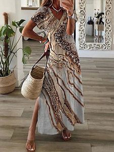 Loose Casual Abstract Print V-Neck Short Sleeve Maxi Dress