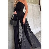 Women's Jumpsuit Solid Color One Shoulder Elegant Holiday Weekend Straight Regular Fit Long Sleeve Black S M L Spring Lightinthebox - thumbnail