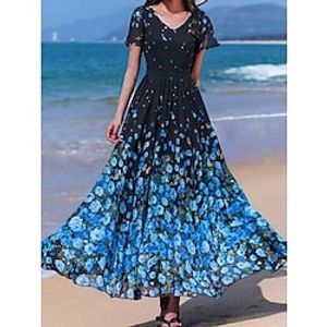 Women's Long Dress Maxi Dress Casual Dress Chiffon Dress Swing Dress Floral Fashion Romantic Daily Holiday Vacation Print Short Sleeve V Neck Dress Regular Fit Blue Summer Spring S M L XL XXL Lightinthebox