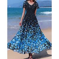 Women's Long Dress Maxi Dress Casual Dress Chiffon Dress Swing Dress Floral Fashion Romantic Daily Holiday Vacation Print Short Sleeve V Neck Dress Regular Fit Blue Summer Spring S M L XL XXL Lightinthebox - thumbnail