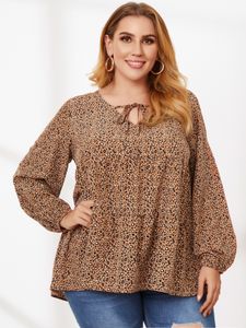 YOINS Plus Size V-neck Leopard Self-tie Design Long Sleeves Blouse