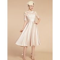 A-Line Mother of the Bride Dress Wedding Guest Elegant Petite Scoop Neck Knee Length Satin Lace Half Sleeve with Appliques Ruching Solid Color 2023 Lightinthebox - thumbnail