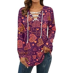 Women's T shirt Tee Heart Black White Pink Print Long Sleeve Valentine's Day Casual Going out Fashion V Neck Regular Fit Spring   Fall Lightinthebox