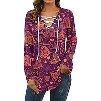 Women's T shirt Tee Heart Black White Pink Print Long Sleeve Valentine's Day Casual Going out Fashion V Neck Regular Fit Spring   Fall Lightinthebox - thumbnail