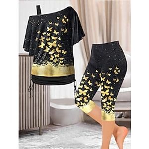 Women's Butterfly Lounge Sets One Shoulder Top and Cropped Leggings Casual Comfort Home Daily Polyester Breathable Short Sleeve Pullover Pant Summer Spring Black Lightinthebox