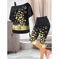 Women's Butterfly Lounge Sets One Shoulder Top and Cropped Leggings Casual Comfort Home Daily Polyester Breathable Short Sleeve Pullover Pant Summer Spring Black Lightinthebox - thumbnail