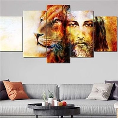 5 Panels Wall Art Canvas People Jesus With a Lion Prints Posters Painting Home Decoration Wall Hanging Gift Rolled Canvas No Frame Unframed Unstretched Lightinthebox