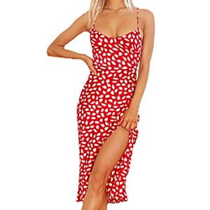 Women's Strap Dress Midi Dress Red Beige Sleeveless Print Print Spring Summer Boat Neck Casual 2021 S M L XL Lightinthebox