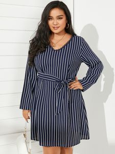 YOINS Plus Size V-neck Striped Belt Design Long Sleeves Mini Dress