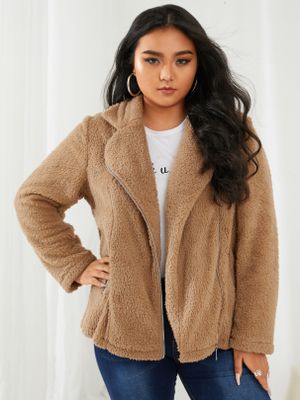 YOINS Plus Size Notch Collar Pocket Design Zip Front Long Sleeves Coat