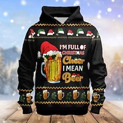 Graphic Oktoberfest Beer Christmas Hat Fashion Daily Basic Men's 3D Print Hoodie Pullover Christmas Sports Outdoor Holiday Hoodies Black Hooded Print Front Pocket Spring   Fall Designer Lightinthebox