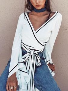 White Crossed Front Tie-up Design V-neck Long sleeves Crop Top