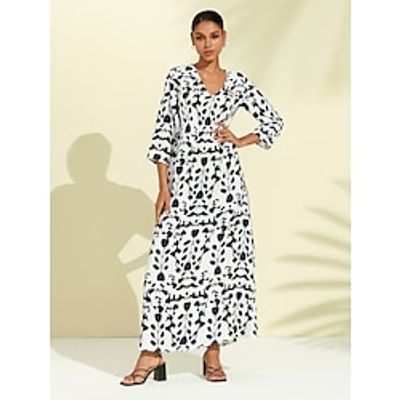 Women's Print Dress Maxi long Dress White 34 Length Sleeve Geometic Floral Print Graphic Spring Summer V Neck Casual Beach Vacation S M L Lightinthebox Women's Print Dress Maxi long Dress White 34 Length Sleeve Geometic Floral Print Graphic Spring Summer V Neck Casual Beach Vacation S M L Lightinthebox