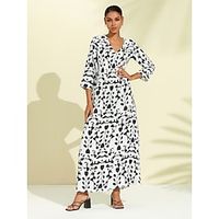 Women's Print Dress Maxi long Dress White 34 Length Sleeve Geometic Floral Print Graphic Spring  Summer V Neck Casual Beach Vacation S M L Lightinthebox