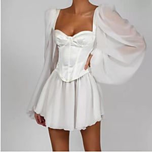 Women's A Line Dress Short Mini Dress White Long Sleeve Solid Color Patchwork Spring Summer Boat Neck Casual 2021 S M L XL Lightinthebox