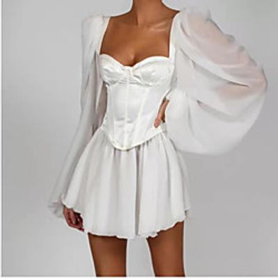 Women's A Line Dress Short Mini Dress White Long Sleeve Solid Color Patchwork Spring Summer Boat Neck Casual 2021 S M L XL Lightinthebox