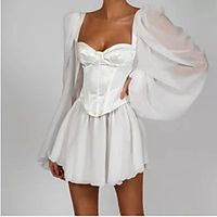 Women's A Line Dress Short Mini Dress White Long Sleeve Solid Color Patchwork Spring Summer Boat Neck Casual 2021 S M L XL Lightinthebox - thumbnail