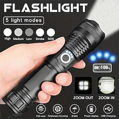 1pc 90000 Lumens Powerful Flashlight USB Rechargeable Waterproof XHP70 Searchlight Super Bright 5 Modes LED Flashlight Zoom Bar Torch for Hiking Hunting Camping Outdoor Sport Lightinthebox