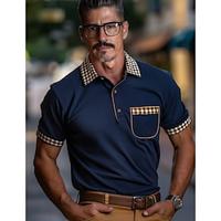 Men's Polo Shirt Golf Shirt Casual Holiday Lapel Short Sleeve Fashion Basic Plaid Color Block Patchwork Pocket Summer Regular Fit Navy Blue Polo Shirt Lightinthebox