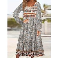 Women's A Line Dress Floral Print Crew Neck Bishop Sleeve Long Dress Maxi Dress Bohemia Boho Vacation Long Sleeve Regular Fit Red Royal Blue Dark Blue Summer Spring S M L XL XXL Lightinthebox