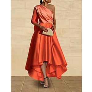 A-Line Evening Gown Elegant Dress Formal Tea Length 34 Length Sleeve One Shoulder Satin with Ruched 2023 Lightinthebox