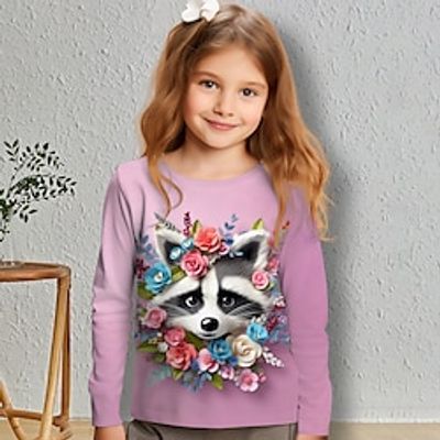 Girls' 3D Floral Raccoon Tee Shirt Long Sleeve 3D Print Spring Fall Active Fashion Cute Polyester Kids 3-12 Years Crew Neck Outdoor Casual Daily Regular Fit Lightinthebox
