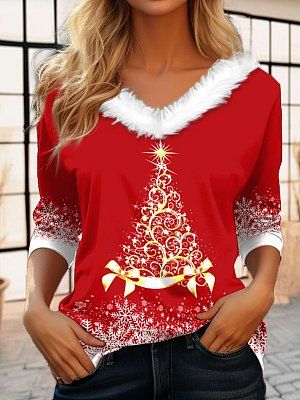 Women's Christmas Print Long Sleeve V-Neck Top