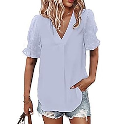 Women's Blouse Shirt Plain V Neck Casual Streetwear Tops Blue White Black miniinthebox Women's Blouse Shirt Plain V Neck Casual Streetwear Tops Blue White Black miniinthebox