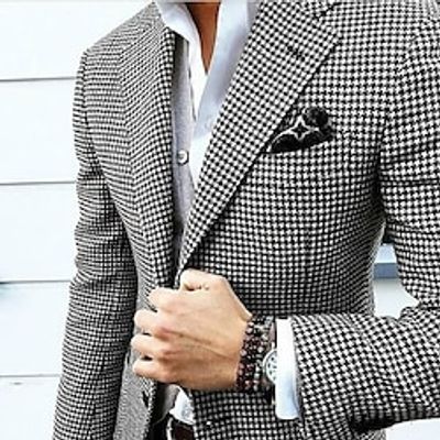 Men's Fashion Office Blazer Jacket Regular Tailored Fit Houndstooth Checkered Single Breasted Two-buttons Black 2023 Lightinthebox