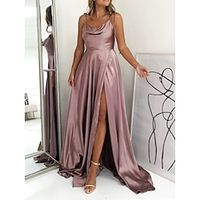 Sheath  Column Evening Gown Open Back Dress Wedding Party Sweep  Brush Train Sleeveless Spaghetti Strap Bridesmaid Dress Charmeuse Backless with Ruched Slit 2023 Lightinthebox - thumbnail