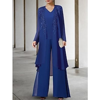 Jumpsuits Mother of the Bride Dress Wedding Guest Elegant V Neck Ankle Length Chiffon Lace Long Sleeve with Sequin Ruching Solid Color 2023 Lightinthebox Jumpsuits Mother of the Bride Dress Wedding Guest Elegant V Neck Ankle Length Chiffon Lace Long Sleeve with Sequin Ruching Solid Color 2023 Lightinthebox