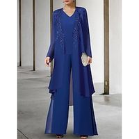 Jumpsuits Mother of the Bride Dress Wedding Guest Elegant V Neck Ankle Length Chiffon Lace Long Sleeve with Sequin Ruching Solid Color 2023 Lightinthebox - thumbnail