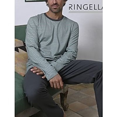 Men's Loungewear Sleepwear Pajama Set Pajama Top and Pant 2 Pieces Stripe Stylish Casual Comfort Home Daily Bed Polyester Comfort Soft Crew Neck Long Sleeve T shirt Tee Pant Drawstring Elastic Waist Lightinthebox