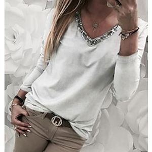 Women's Black White Green Patchwork Sequin Street Daily Daily V Neck Regular Fit S Lightinthebox