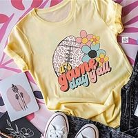 Women's T shirt Tee Floral Text Baseball Casual Weekend Painting T shirt Tee Short Sleeve Print Round Neck Basic Yellow S miniinthebox - thumbnail