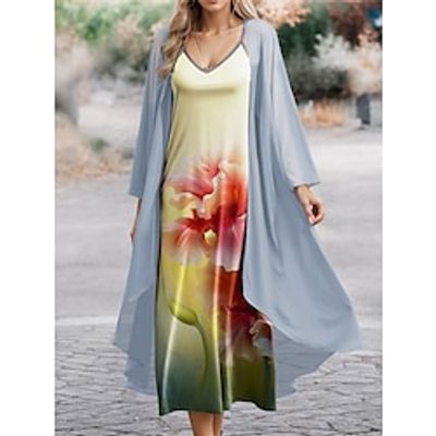 Women's Two Piece Dress Set Casual Dress Chiffon Dress Outdoor Office Fashion Streetwear Print Long Dress Maxi Dress V Neck Long Sleeve Floral Regular Fit Blue Purple Green Spring S M L XL XXL Lightinthebox
