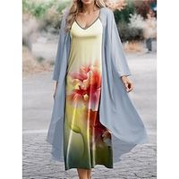 Women's Two Piece Dress Set Casual Dress Chiffon Dress Outdoor Office Fashion Streetwear Print Long Dress Maxi Dress V Neck Long Sleeve Floral Regular Fit Blue Purple Green Spring S M L XL XXL Lightinthebox - thumbnail