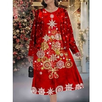 Women's Christmas Plus Size Curve Casual Dress Dress Set Two Piece Dress Snowflake Midi Dress Long Sleeve Print Crew Neck Fashion Outdoor Wine Fall Winter L XL XXL 3XL 4XL Lightinthebox