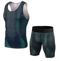 21Grams Men's 2 Piece Activewear Set Compression Suit Athletic Athleisure Sleeveless Breathable Moisture Wicking Soft Fitness Gym Workout Running Sportswear Striped Green Army Green Blue Activewear Lightinthebox - thumbnail